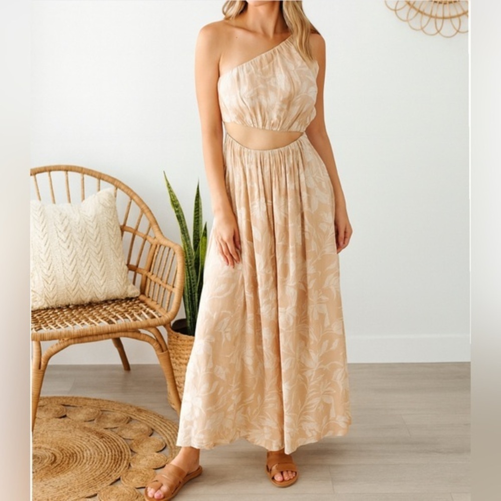 Abercrombie & Fitch One Shoulder Floral Midi Dress Cutout Tan Wedding Guest